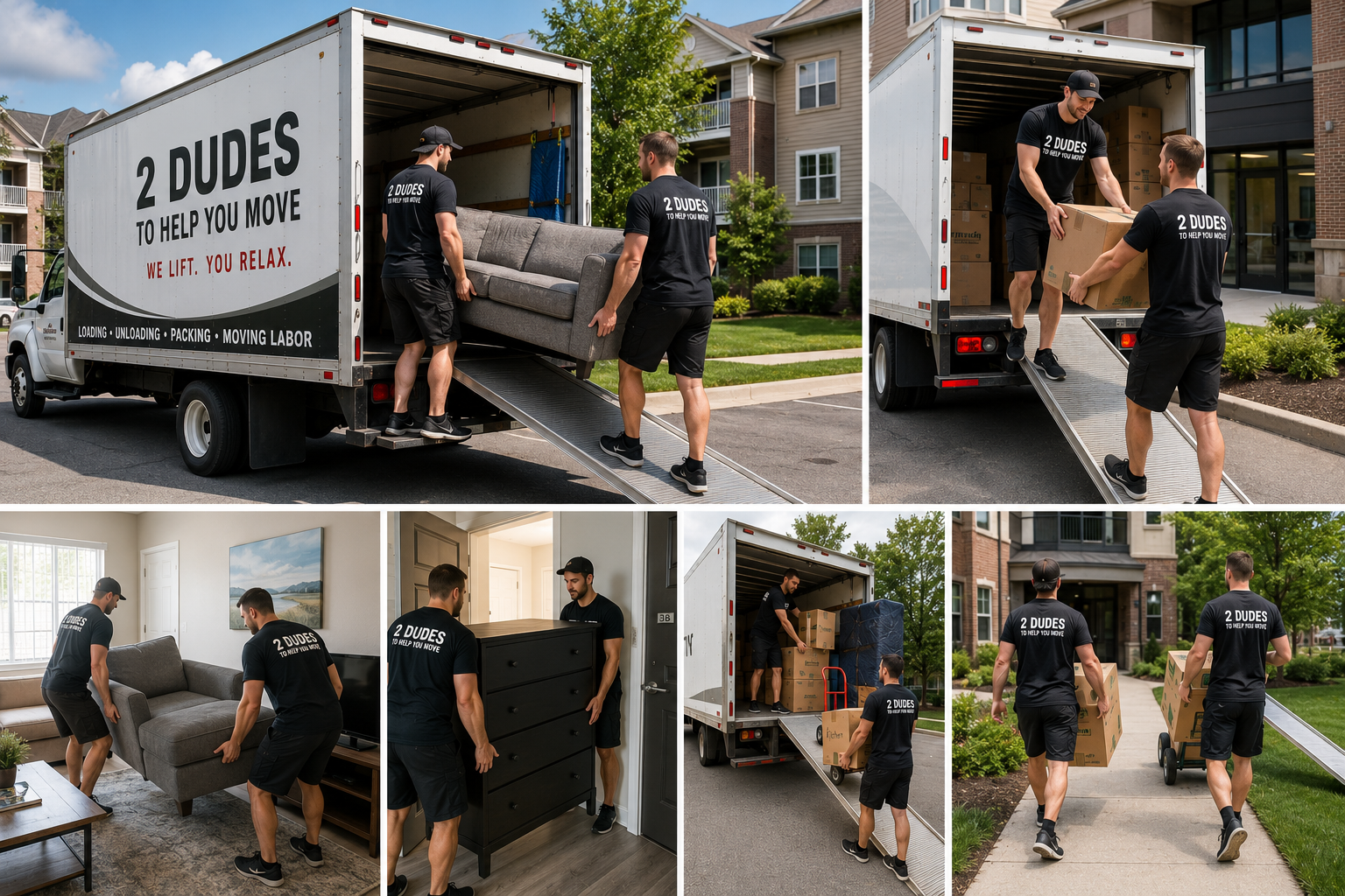 2 Dudes To Help You Move crew loading and unloading furniture from a branded moving truck